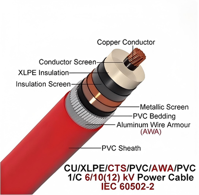 6/10kv سیم واحد مس هسته آلومینیومی کابل زره ای CU/XLPE/CTS/PVCAWA/PVC 1x630mm2